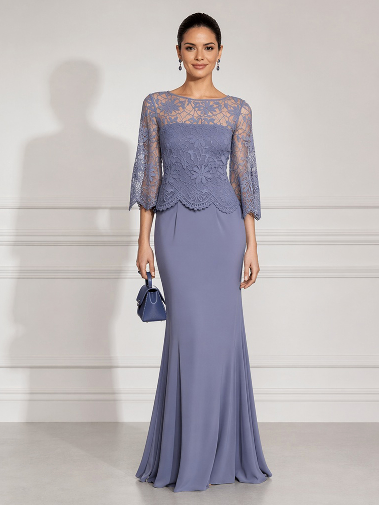 Slate Blue Lace Bodice 3/4 Sleeve Mermaid Maxi Dress