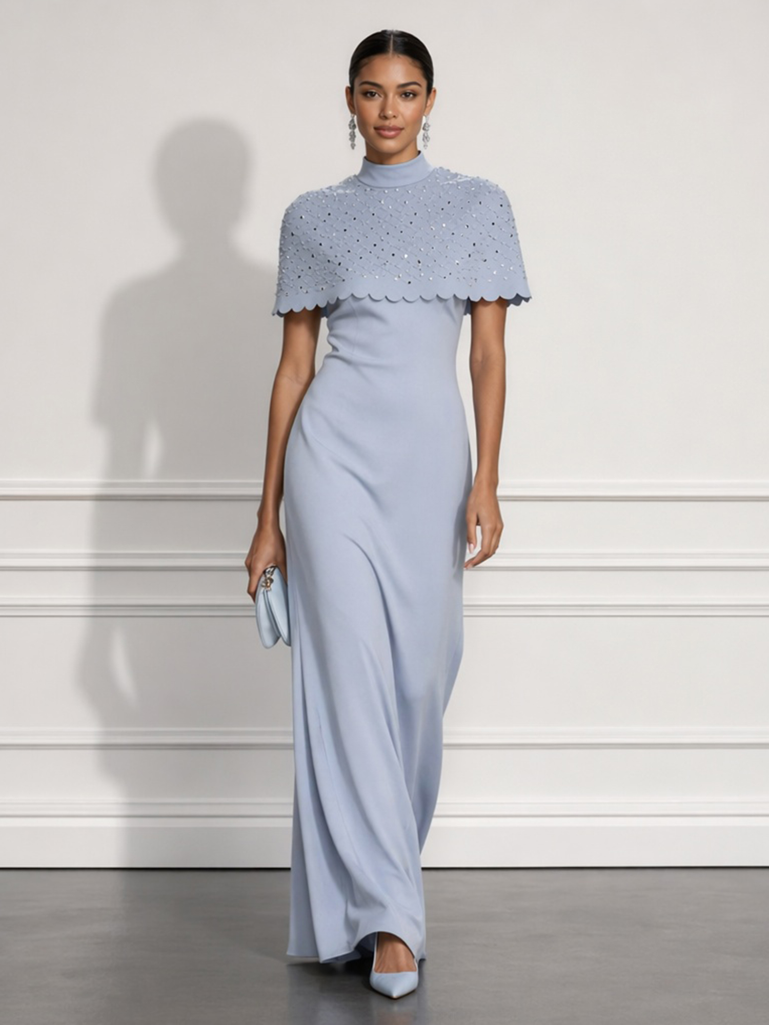 Light Blue High Neck Rhinestone Capelet Sheath Maxi Dress