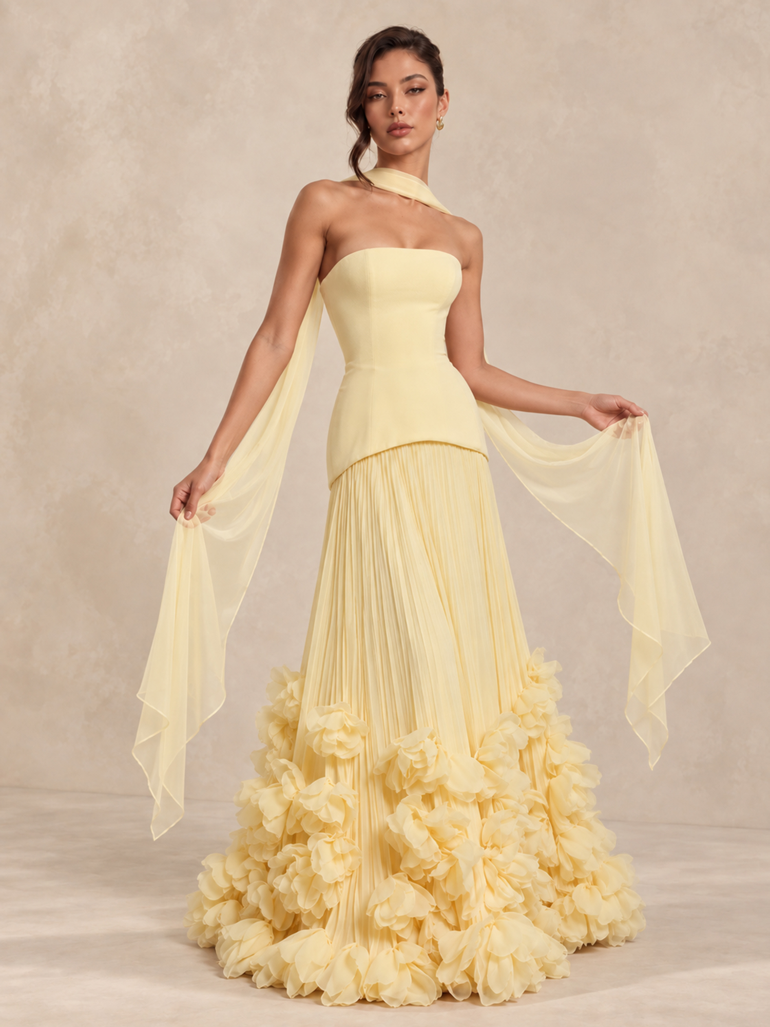 Chiffon Corset Flower Strapless Gown with Scarf