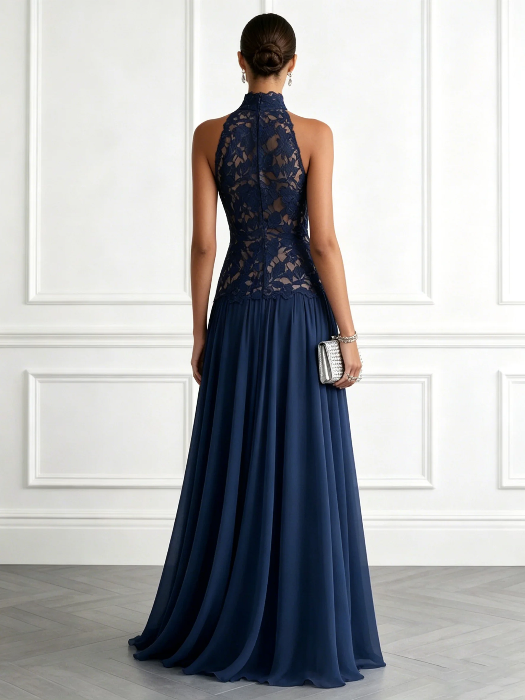 Lace Halter Neck Sleeveless A-Line Floor Maxi Dress