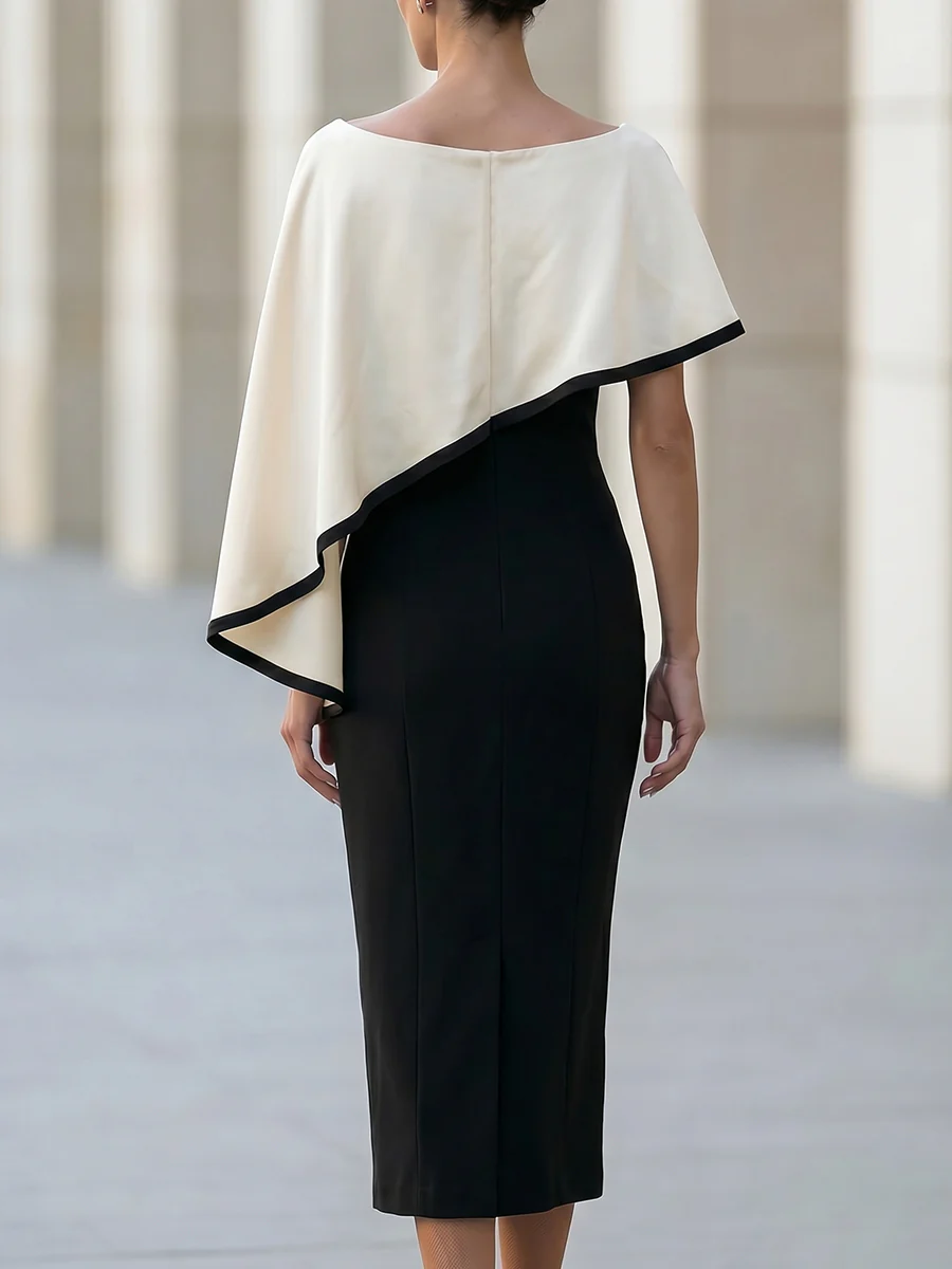 Black Sheath Midi Dress With Asymmetric Cape Overlay In White Contrast Trim