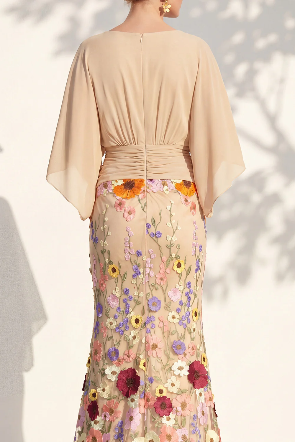 V Neck Cape Sleeve 3D Floral Embellished Mermaid Dress