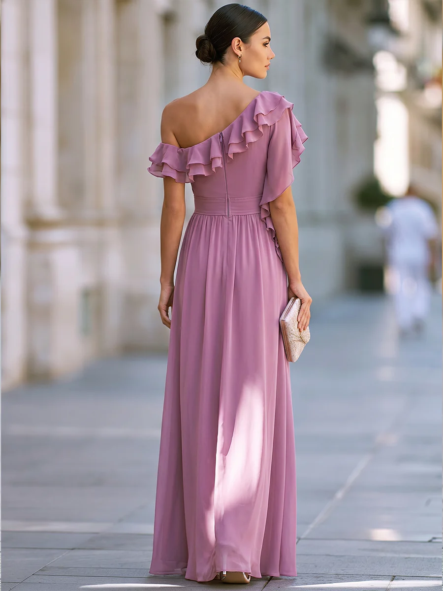 One-Shoulder Ruffle Chiffon Maxi Dress With Pleated Bodice