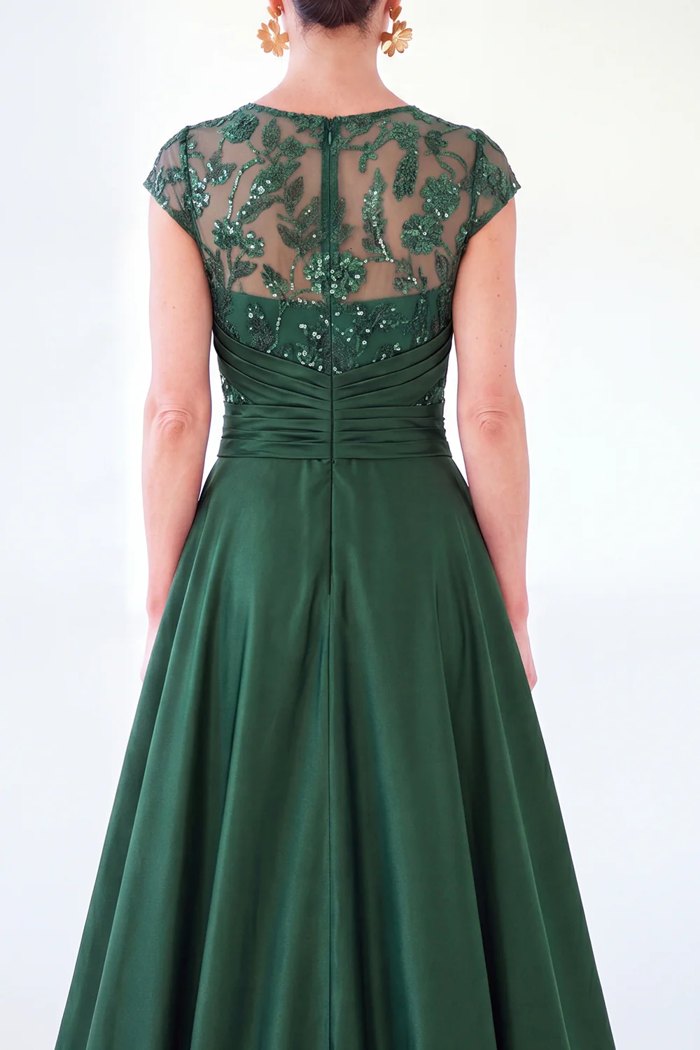 Sparkly Floral Dark Green Ruched Beaded Sheath Maxi Dress