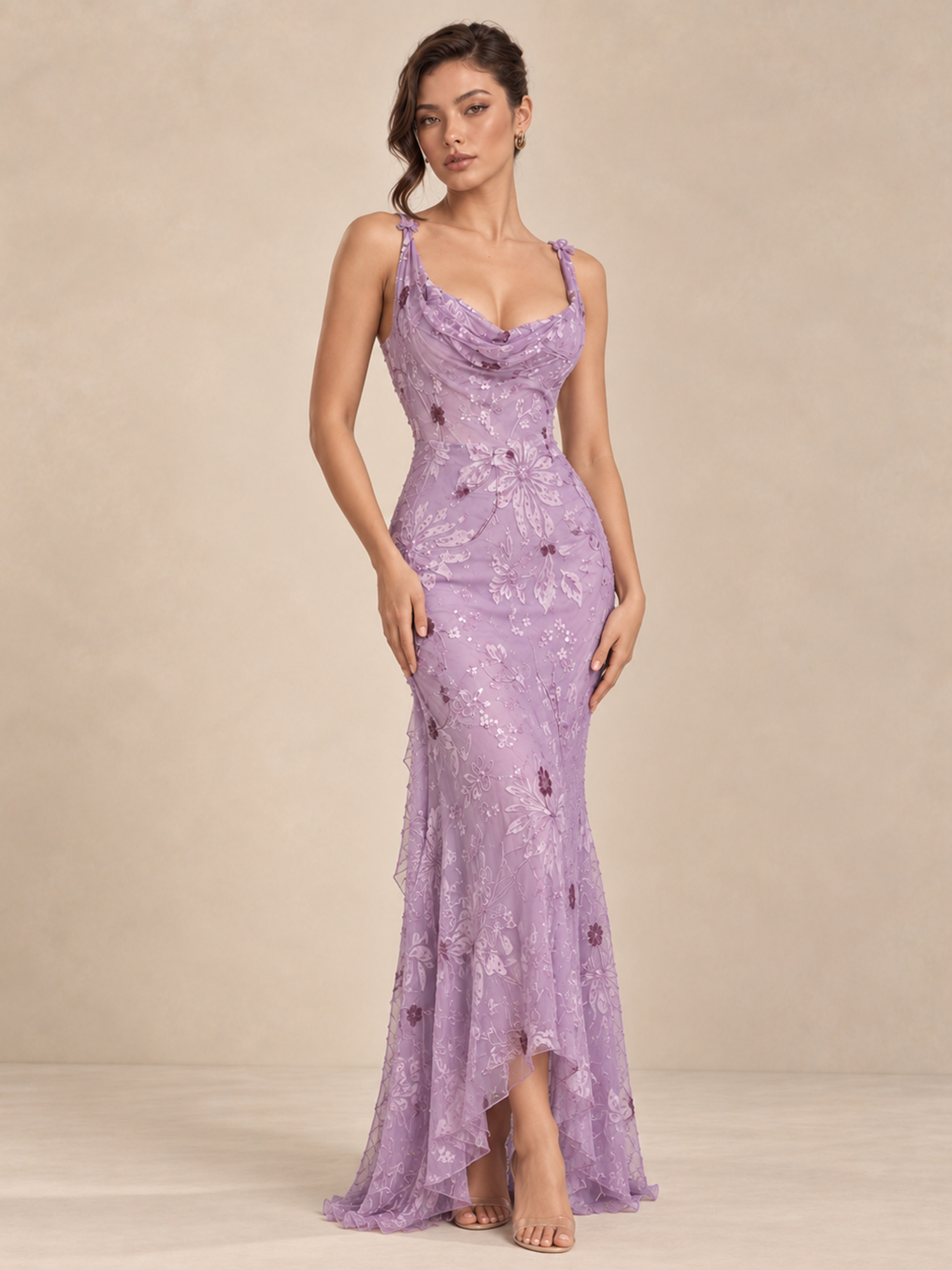 Boat Neck Chiffon Long Prom Dress Flower Evening Gown