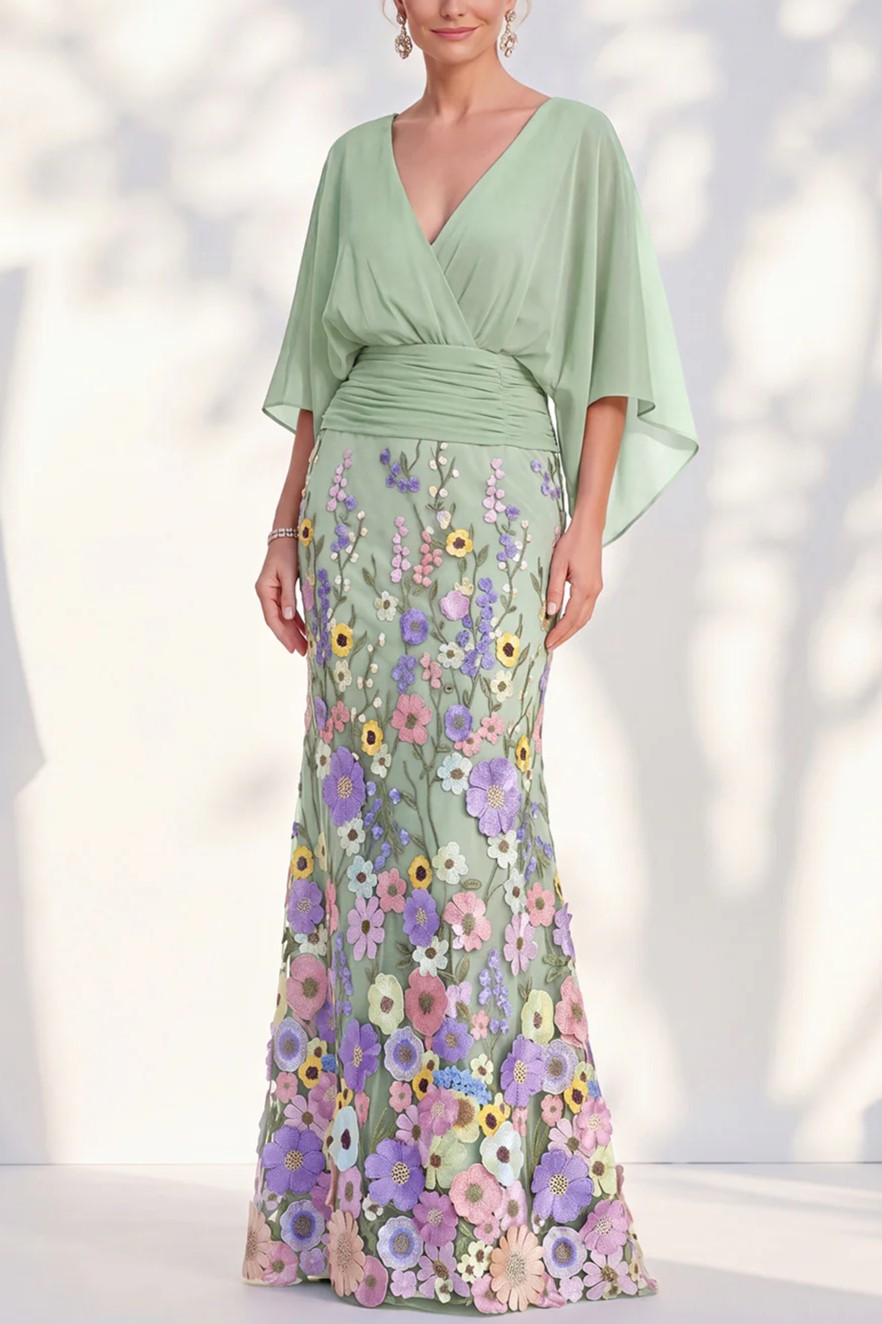 V Neck Cape Sleeve 3D Floral Embellished Mermaid Dress