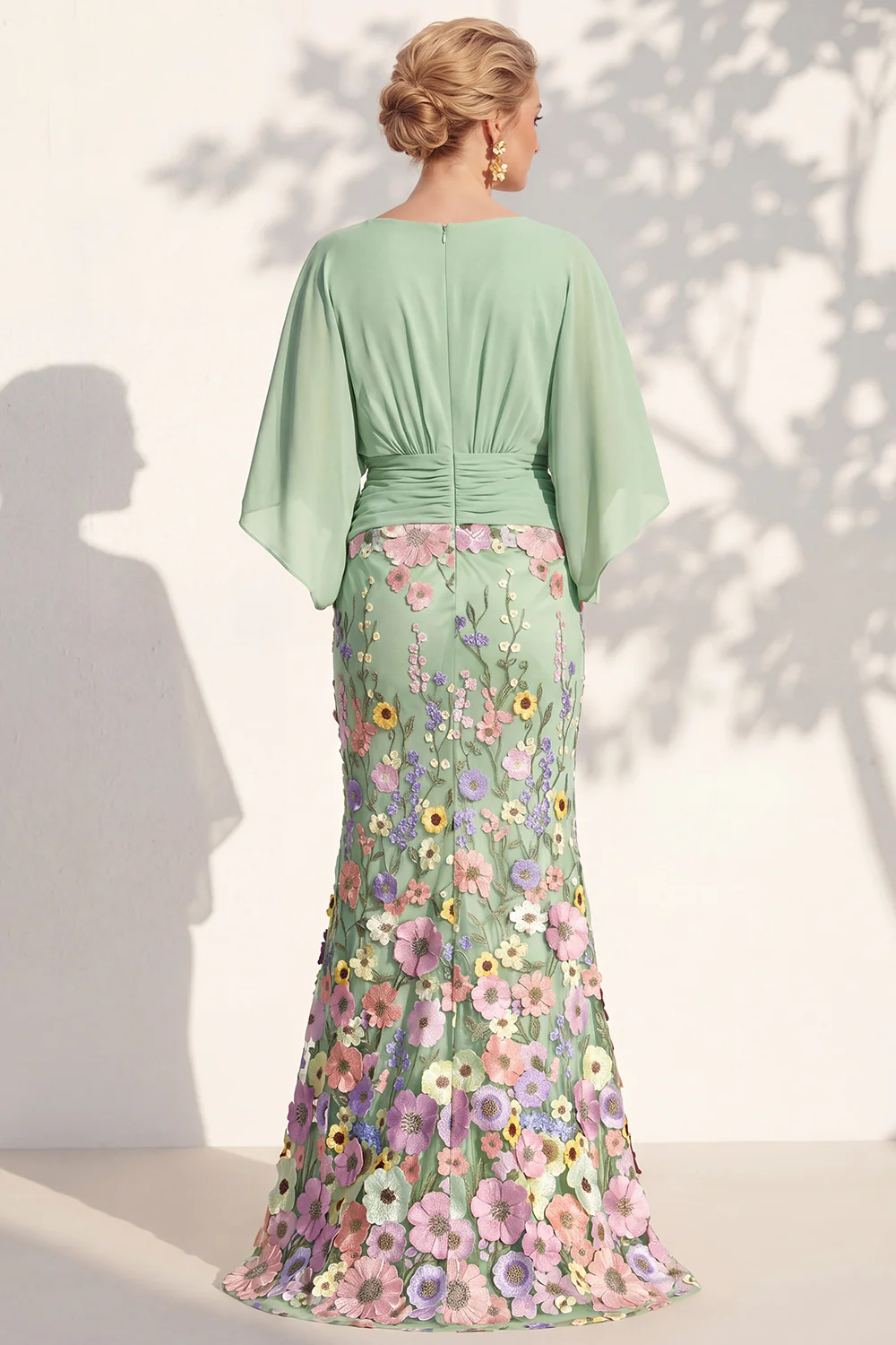 V Neck Cape Sleeve 3D Floral Embellished Mermaid Dress