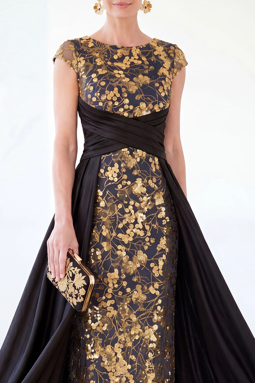 Sparkly Floral Dark Green Ruched Beaded Sheath Maxi Dress