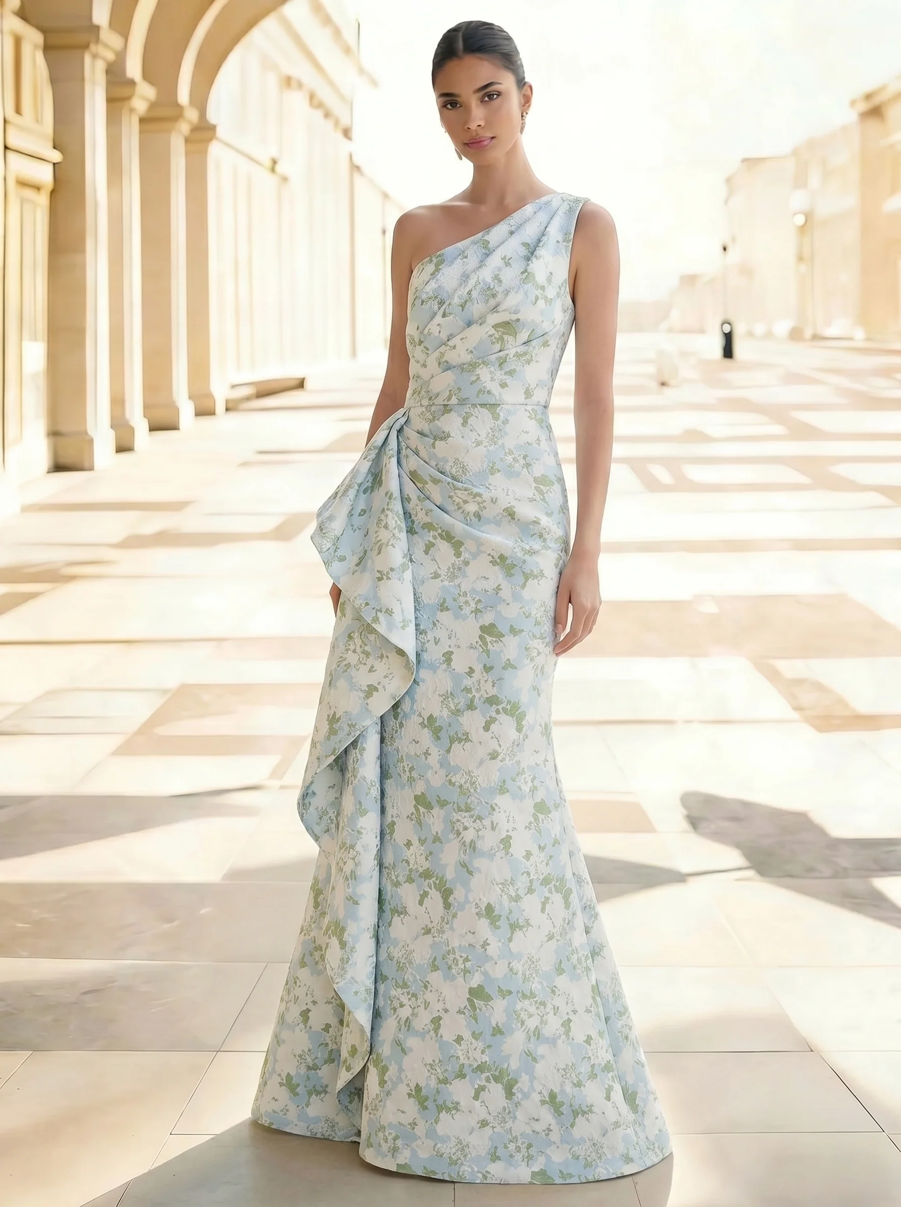 Jacquard Floral One Shoulder Ruffle Maxi Dress