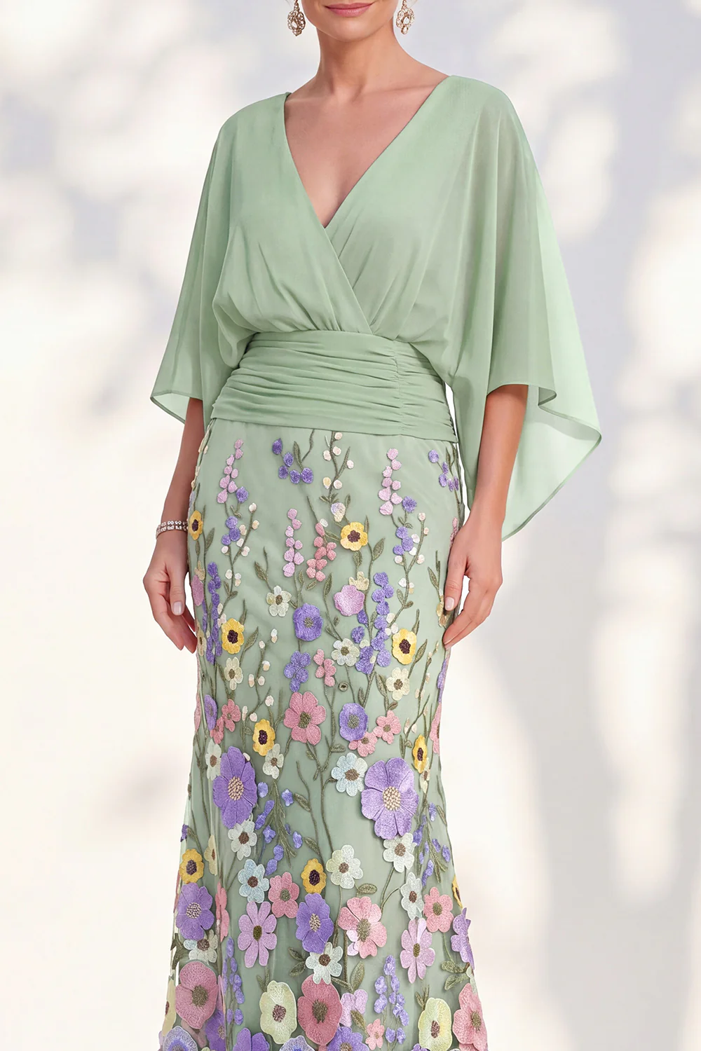V Neck Cape Sleeve 3D Floral Embellished Mermaid Dress