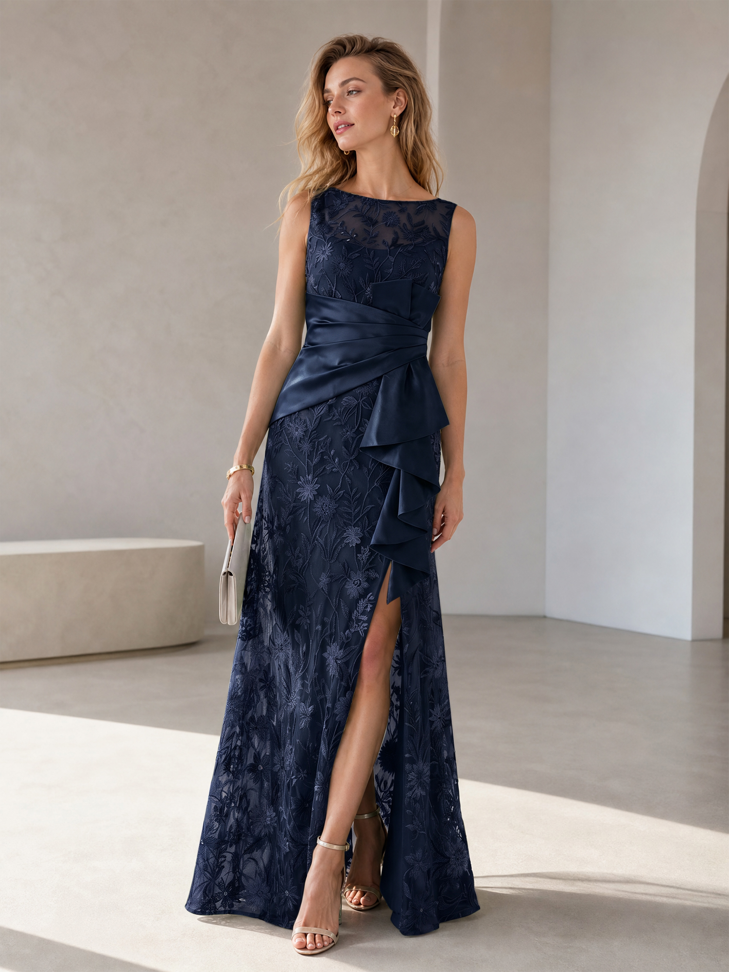 Green Floral Embroidery Sleeveless Gown with Satin Wrap Waist & Side Slit