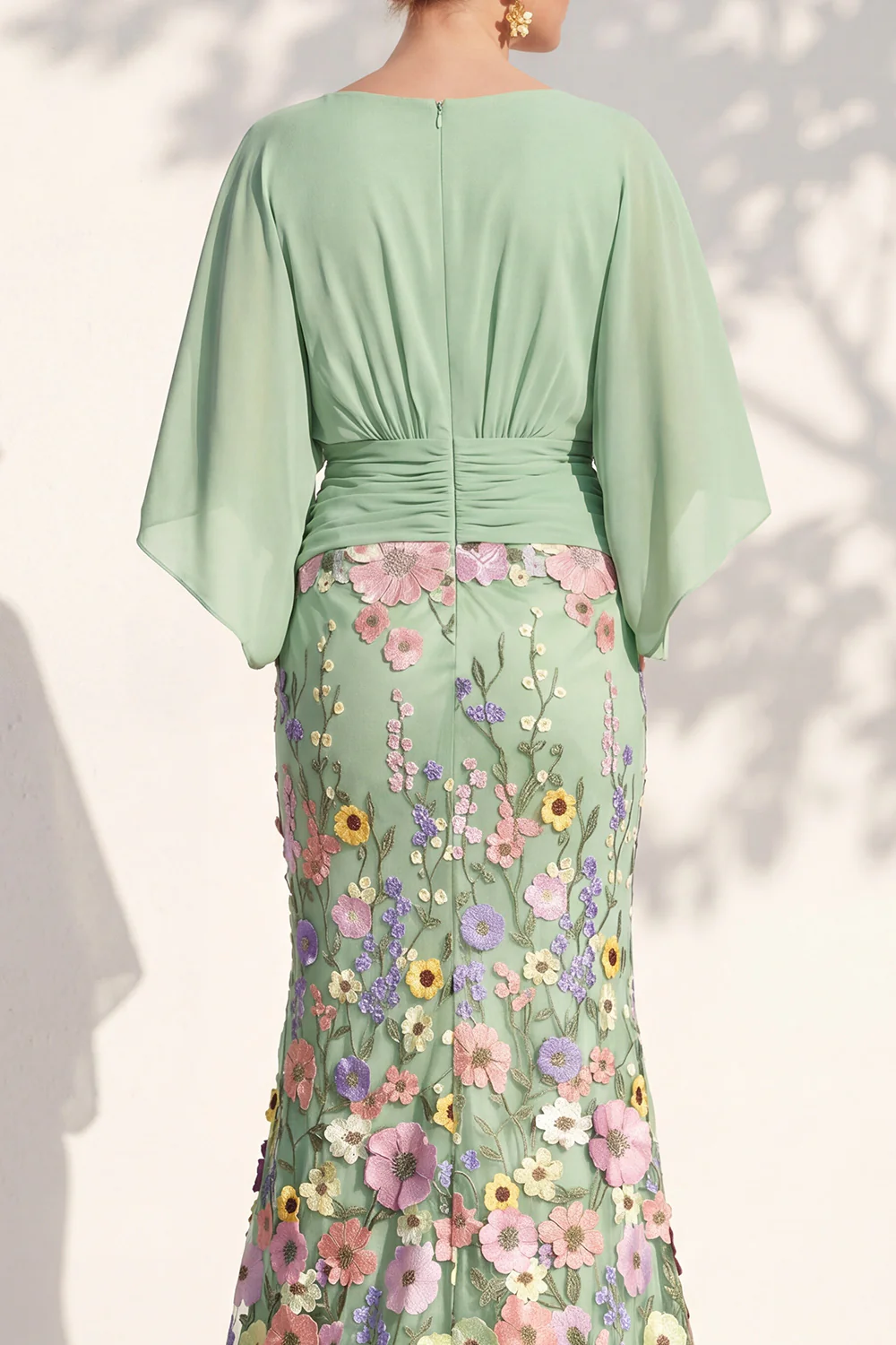 V Neck Cape Sleeve 3D Floral Embellished Mermaid Dress