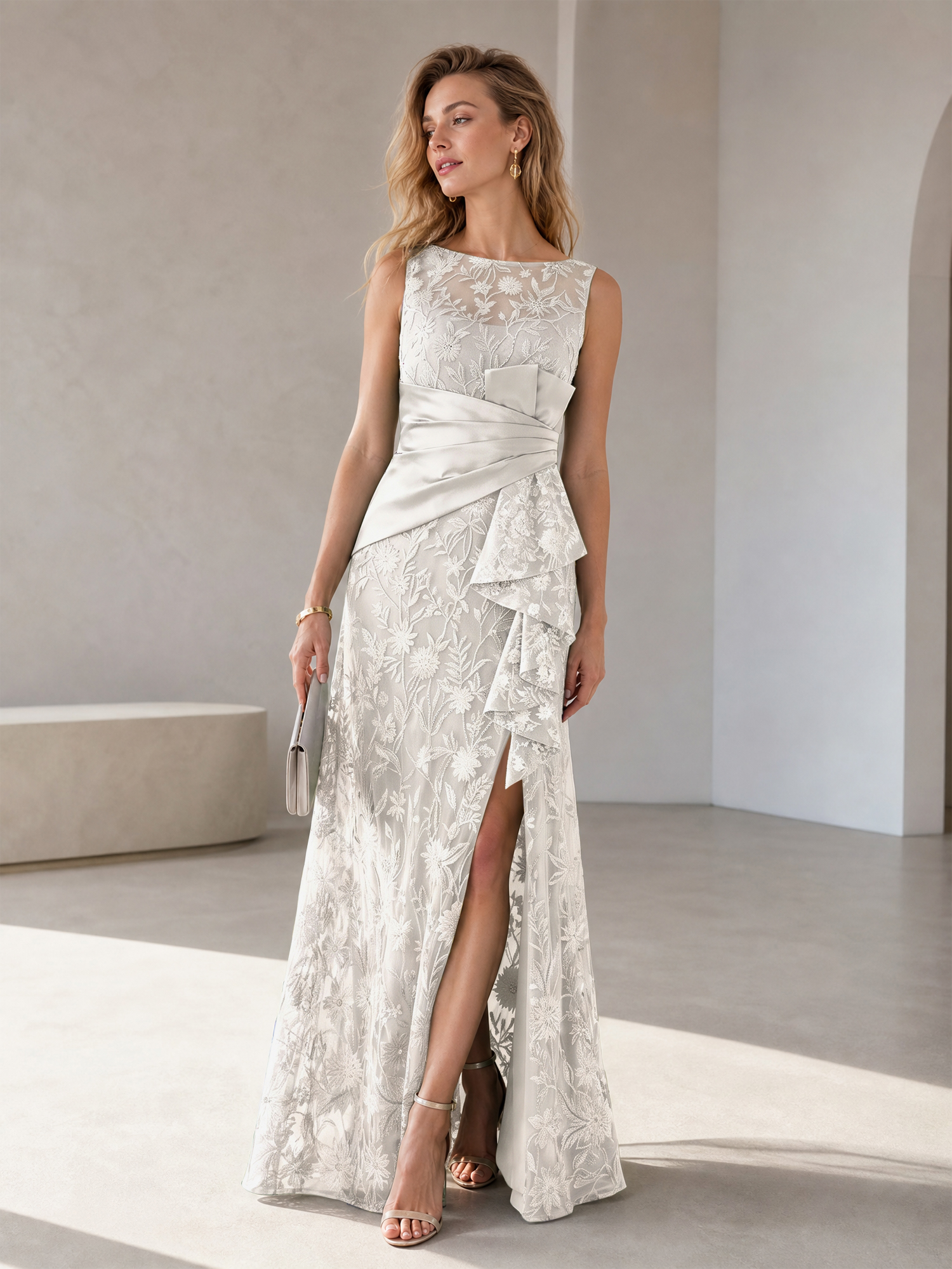 Green Floral Embroidery Sleeveless Gown with Satin Wrap Waist & Side Slit