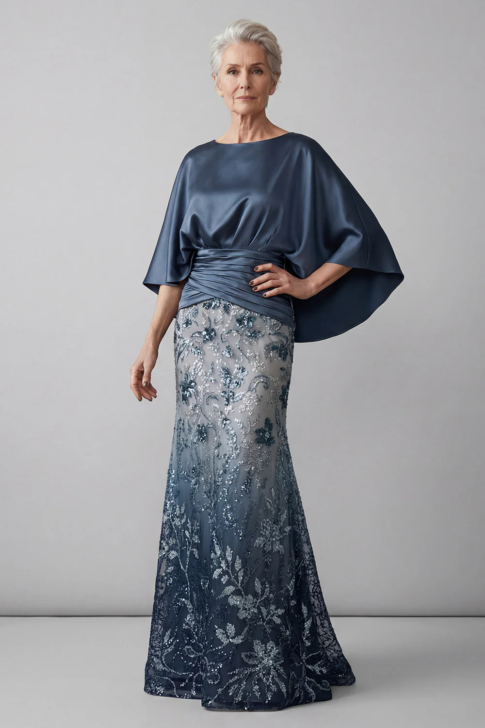 Navy Blue Cape Bateau Neck Sequin Floral Mermaid Dress