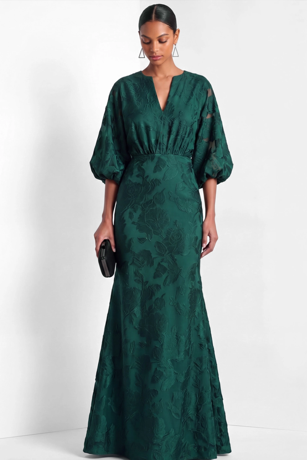 V Neck Balloon Sleeve Floral Jacquard Mermaid Gown