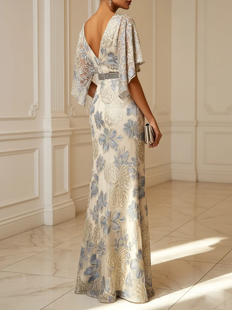 Champagne Classic V Neck Half Sleeve Mermaid Floor-length Gown Dress