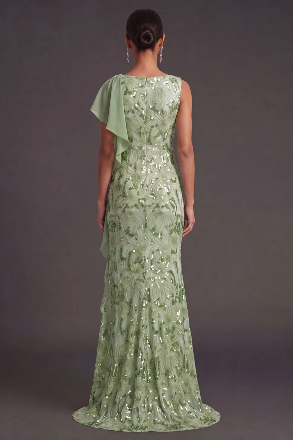 Green Sparkly Sequined Mermaid Boat Neck Maxi Dress