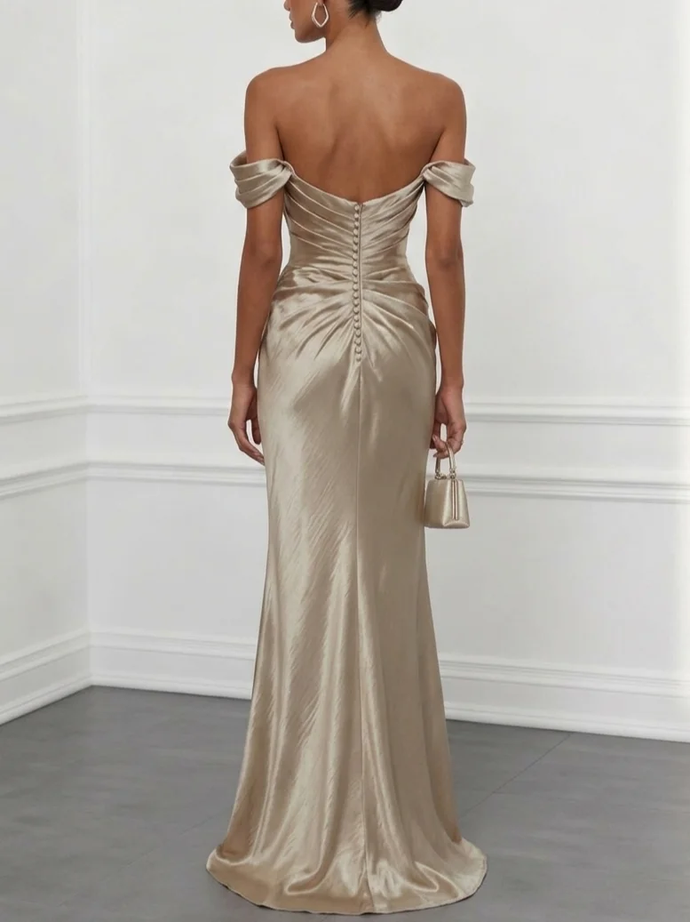 Champagne Ruched Satin Off The Shoulder Short Sleeve Mermaid Maxi Dress