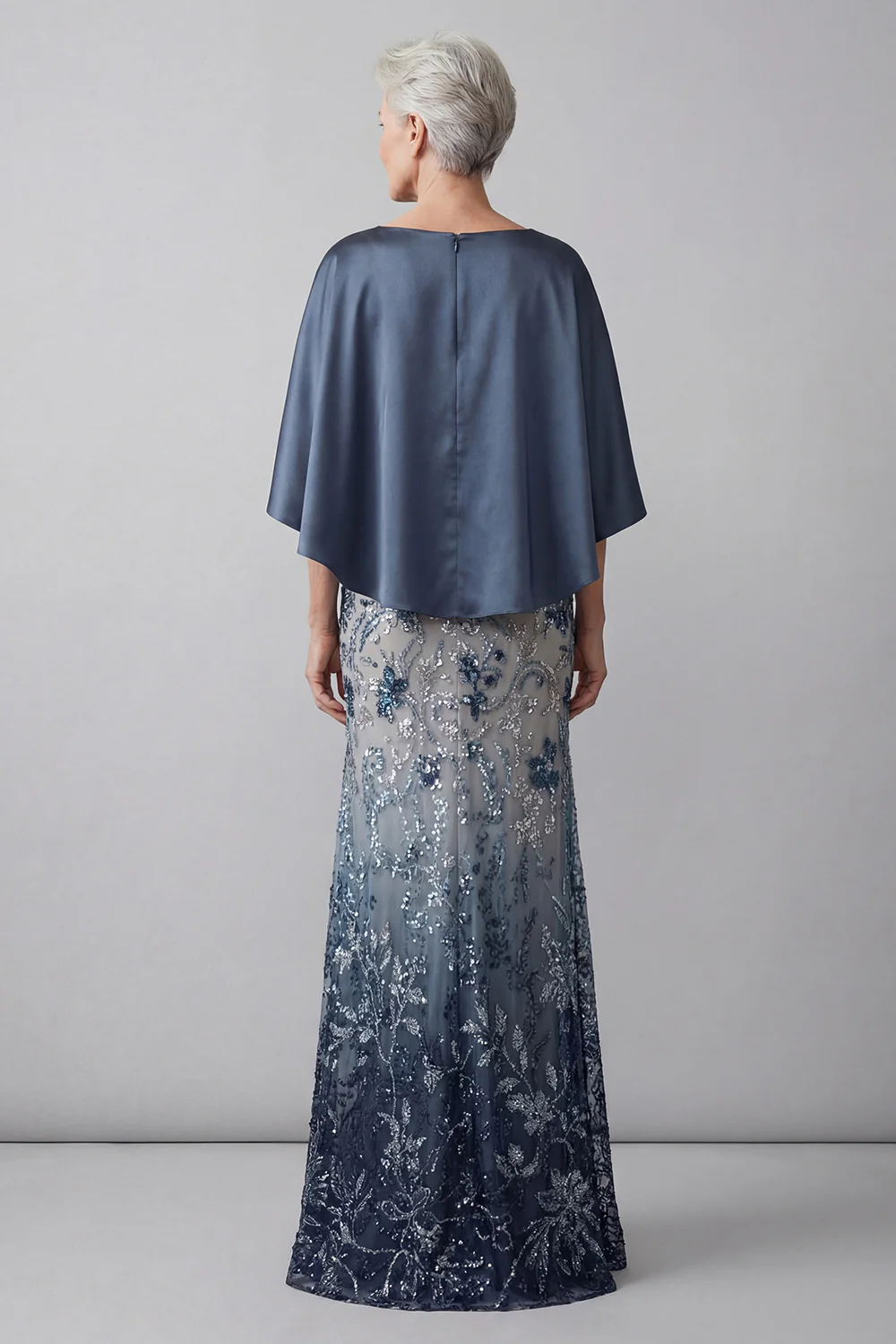Navy Blue Cape Bateau Neck Sequin Floral Mermaid Dress