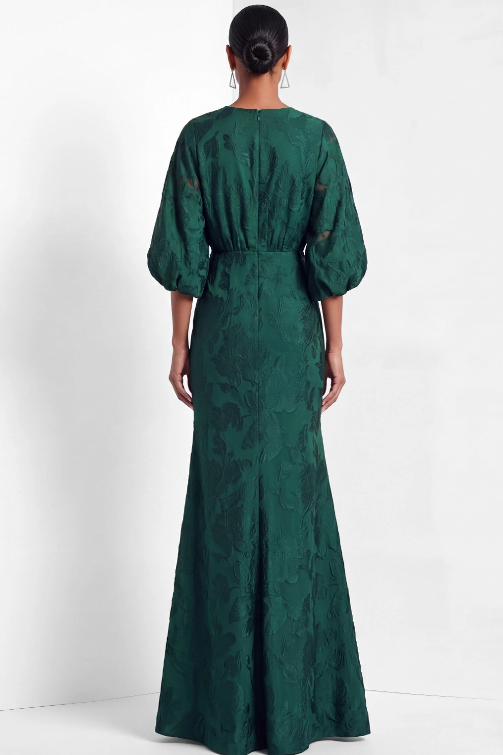 V Neck Balloon Sleeve Floral Jacquard Mermaid Gown