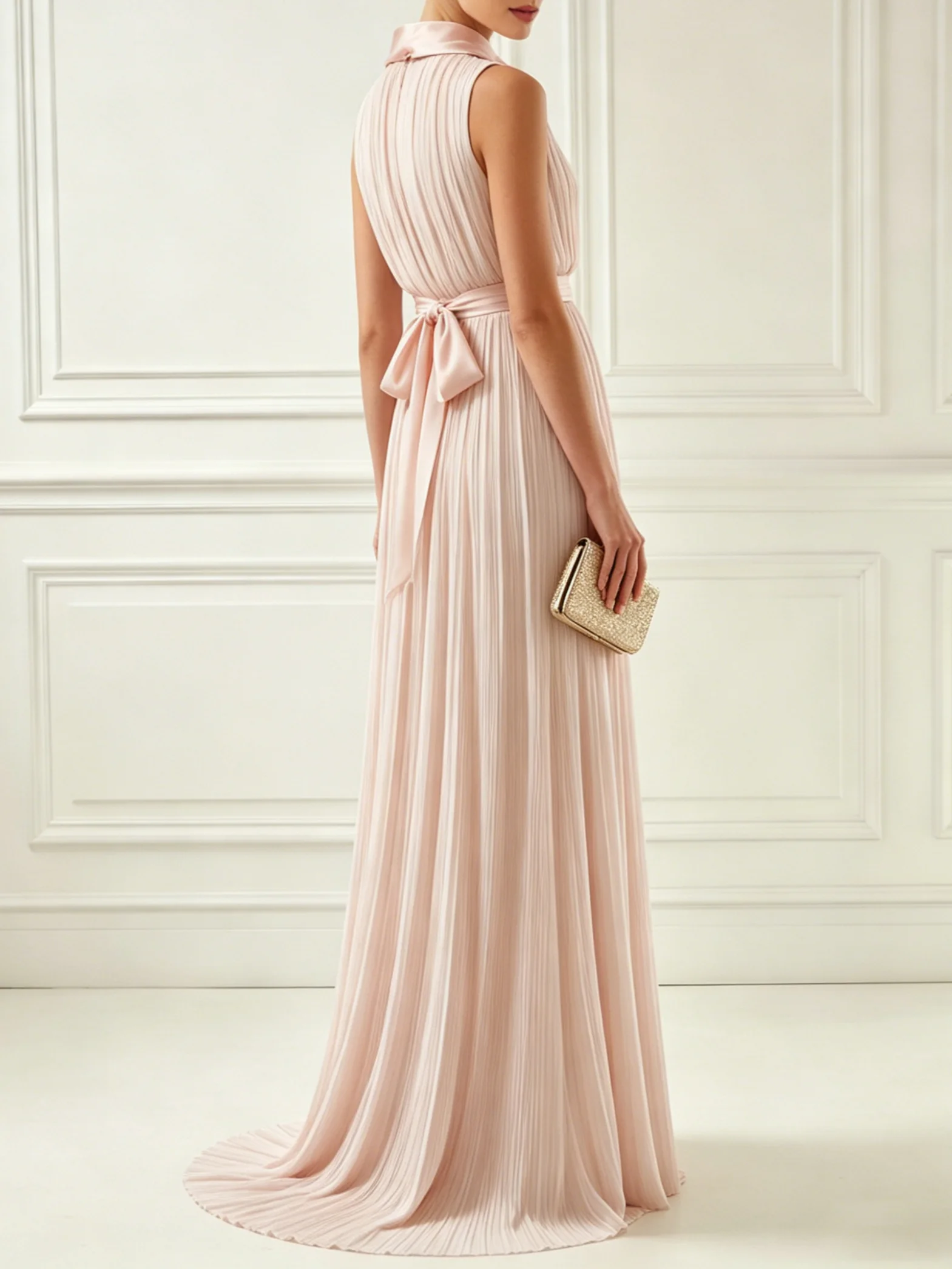 Pink Classic Halter Neck Sleeveless A-Line Maxi Dress