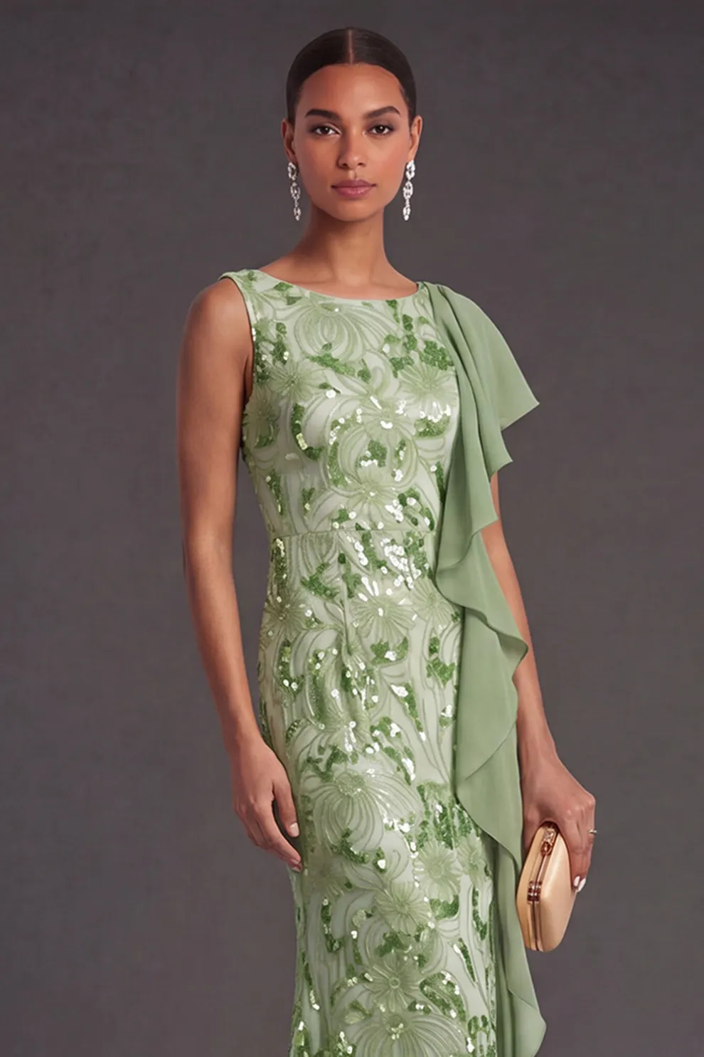 Green Sparkly Sequined Mermaid Boat Neck Maxi Dress
