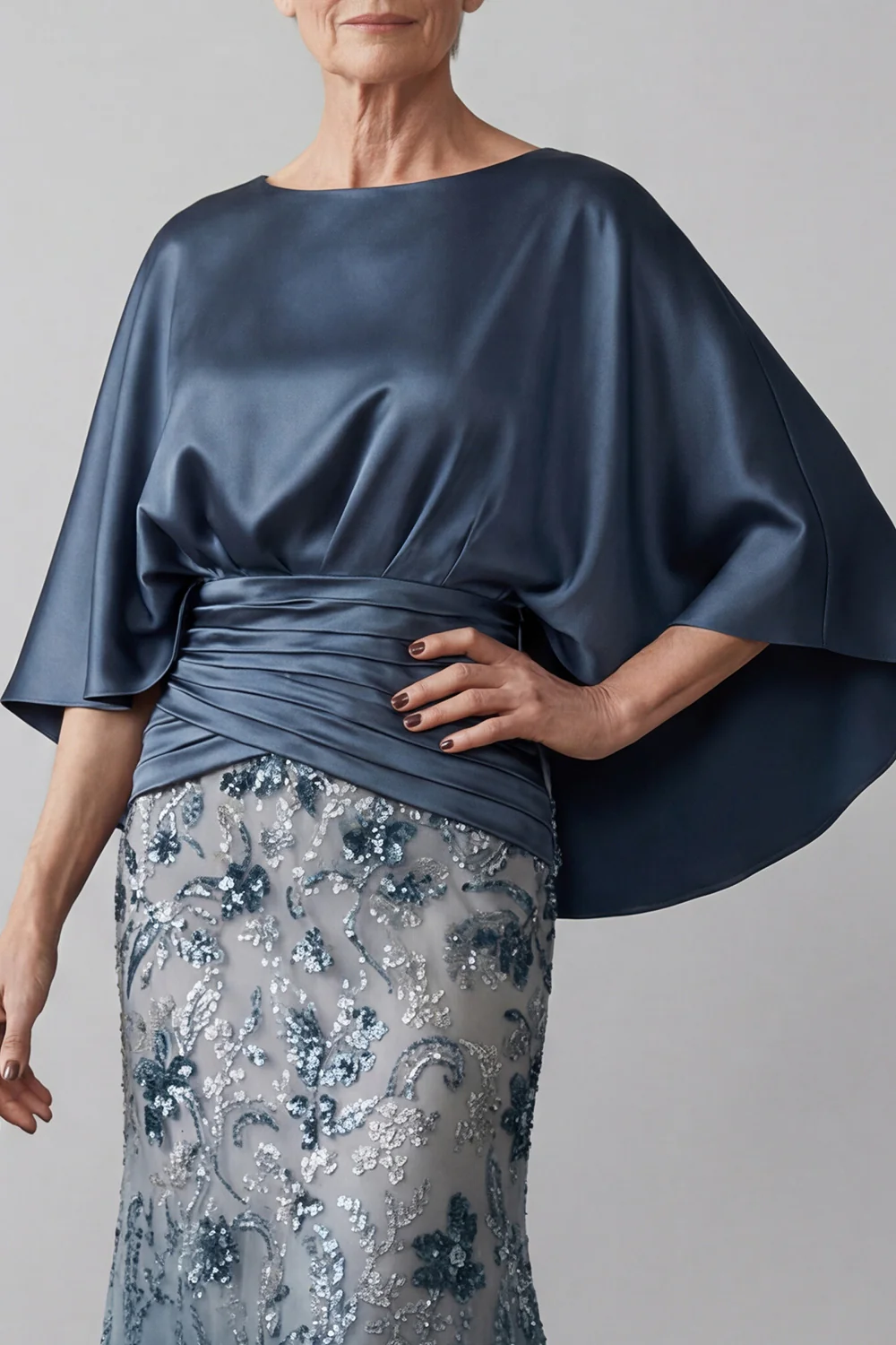 Navy Blue Cape Bateau Neck Sequin Floral Mermaid Dress
