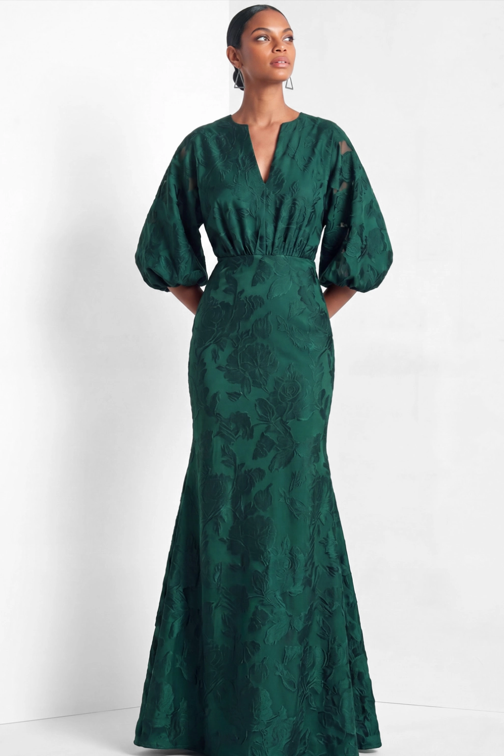 V Neck Balloon Sleeve Floral Jacquard Mermaid Gown