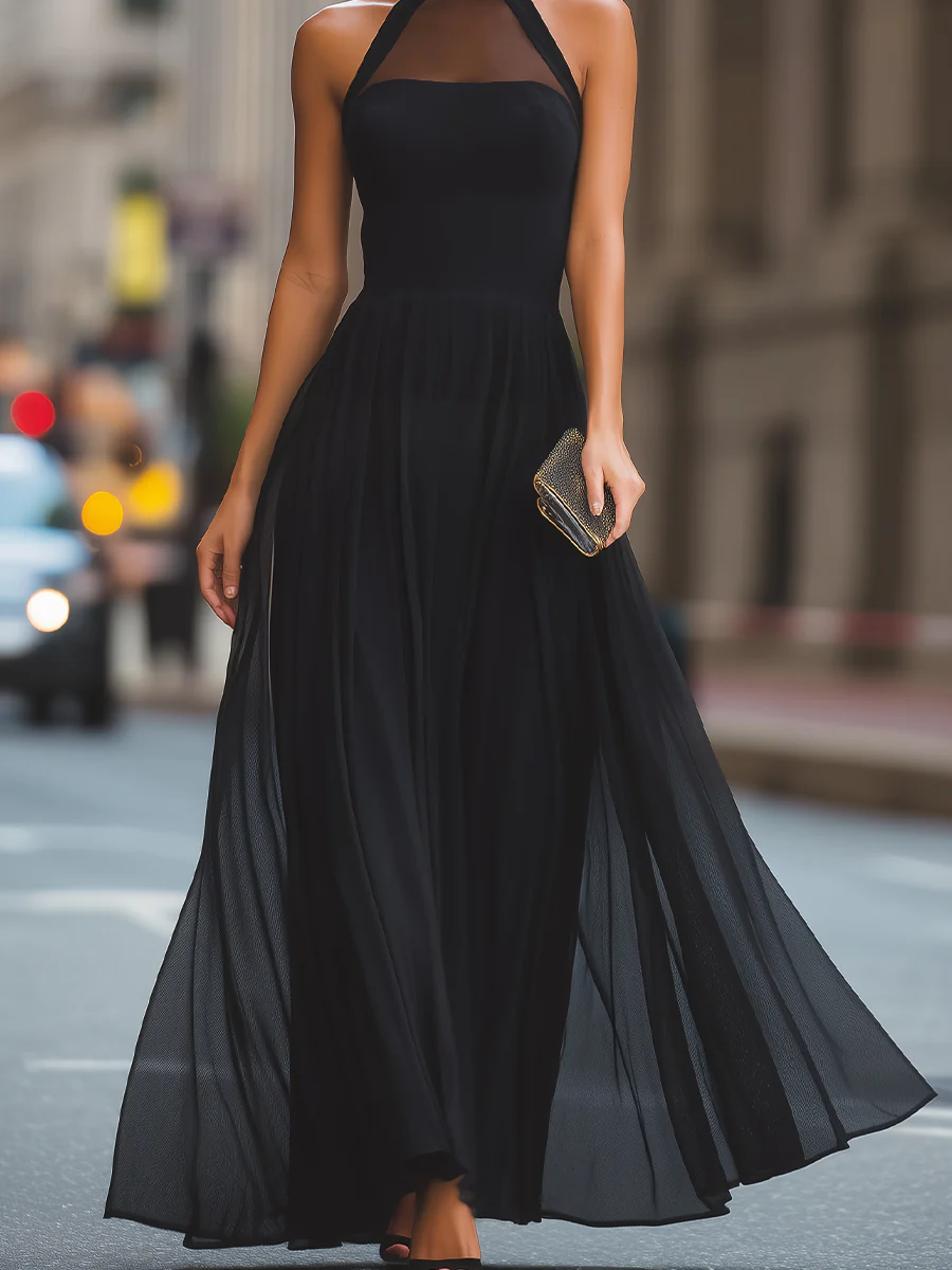 Illusion Halter Tulle Maxi Dress