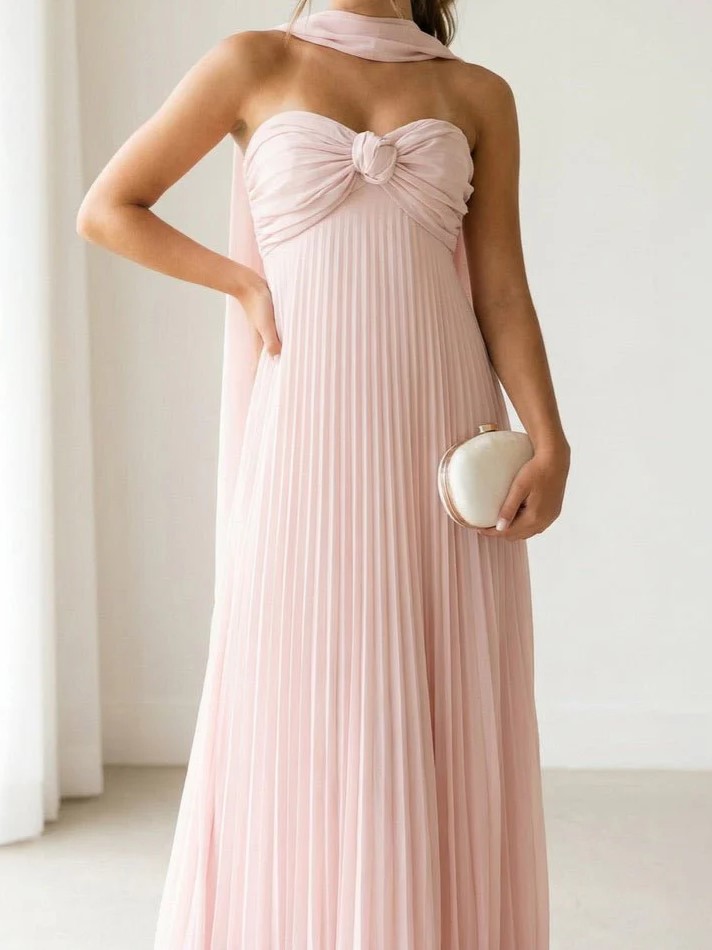 Blush Pink Strapless Knotted Bodice Pleated Maxi Dress