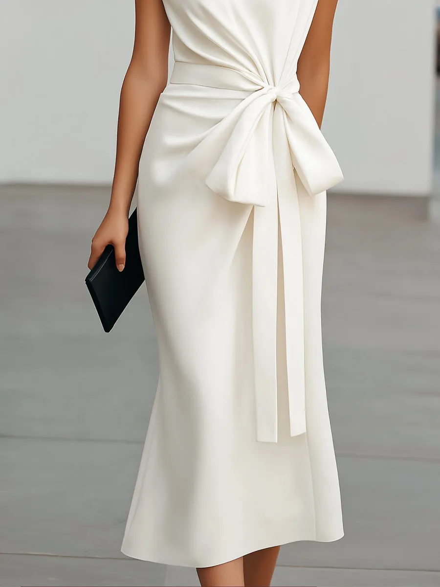 White Cap-Sleeve Waist-Tie Midi Sheath Dress