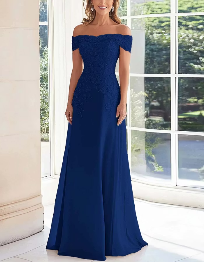 Solid Color Off Shoulder Lace Embroidered Full Maxi Dress