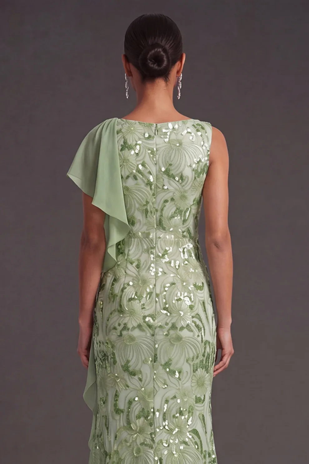 Green Sparkly Sequined Mermaid Boat Neck Maxi Dress