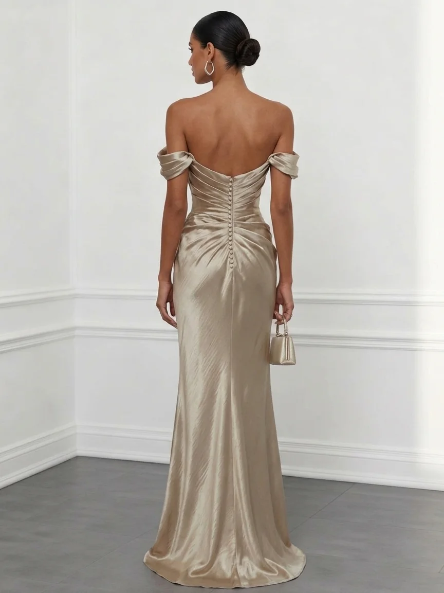 Champagne Ruched Satin Off The Shoulder Short Sleeve Mermaid Maxi Dress