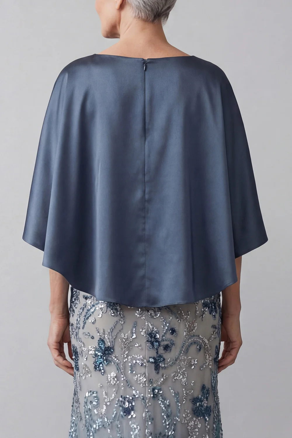 Navy Blue Cape Bateau Neck Sequin Floral Mermaid Dress