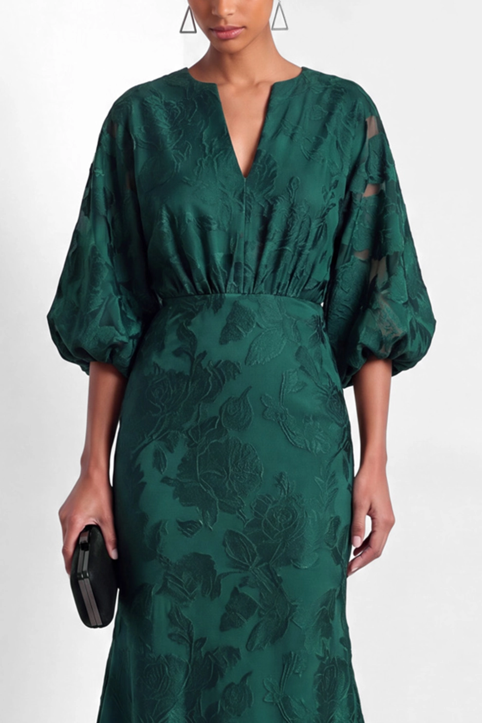 V Neck Balloon Sleeve Floral Jacquard Mermaid Gown