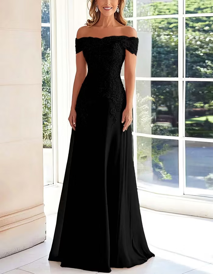 Solid Color Off Shoulder Lace Embroidered Full Maxi Dress