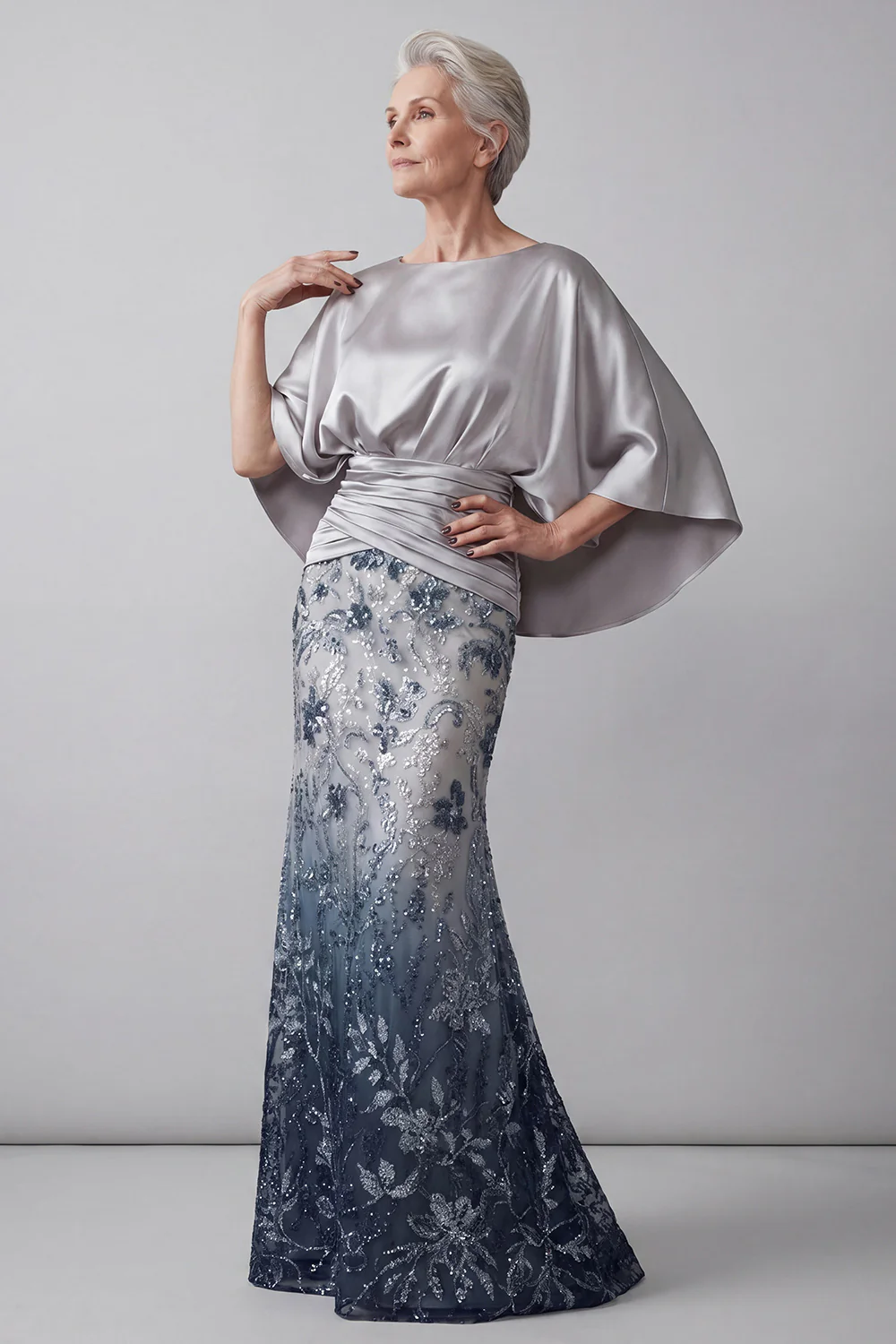 Navy Blue Cape Bateau Neck Sequin Floral Mermaid Dress