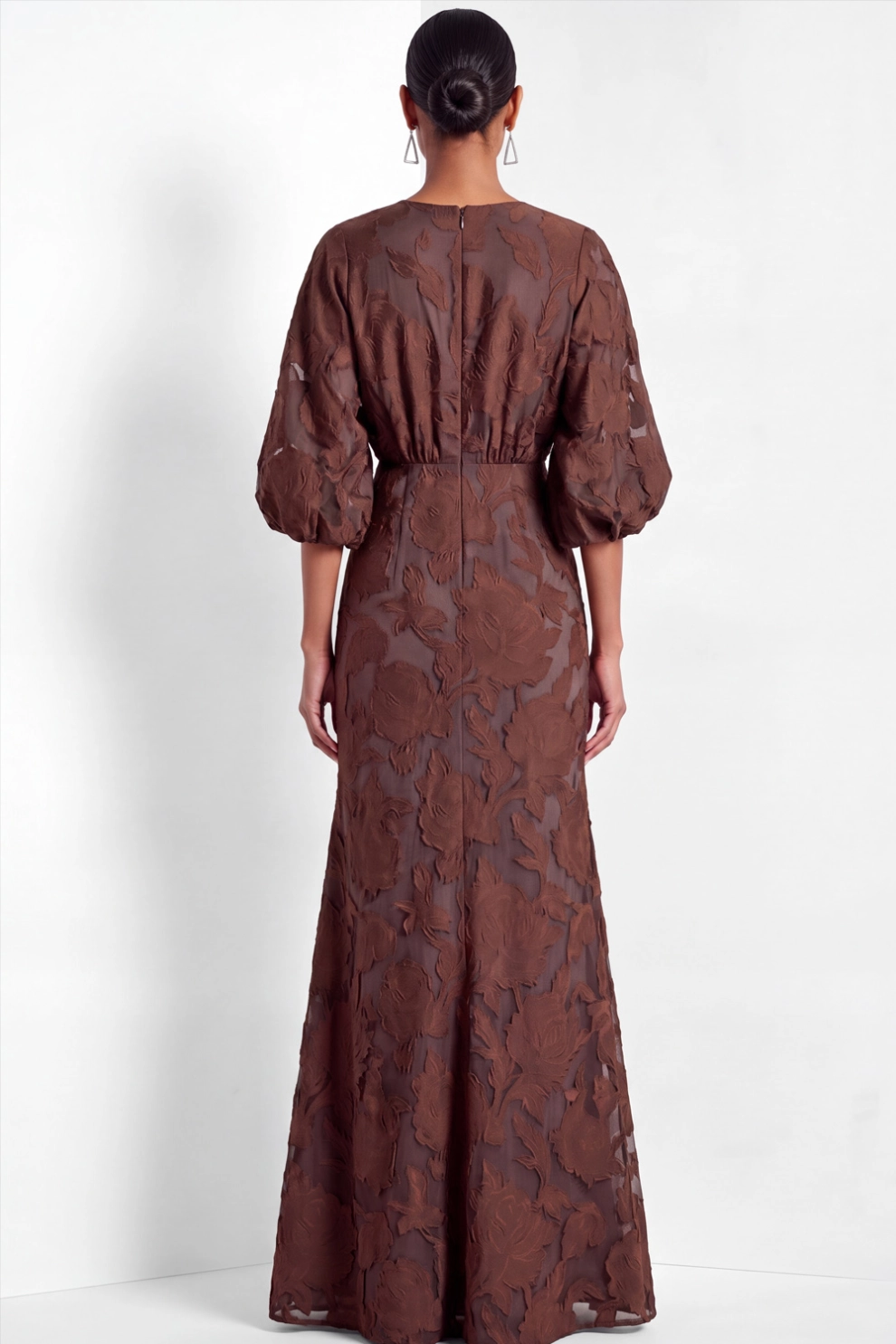 V Neck Balloon Sleeve Floral Jacquard Mermaid Gown