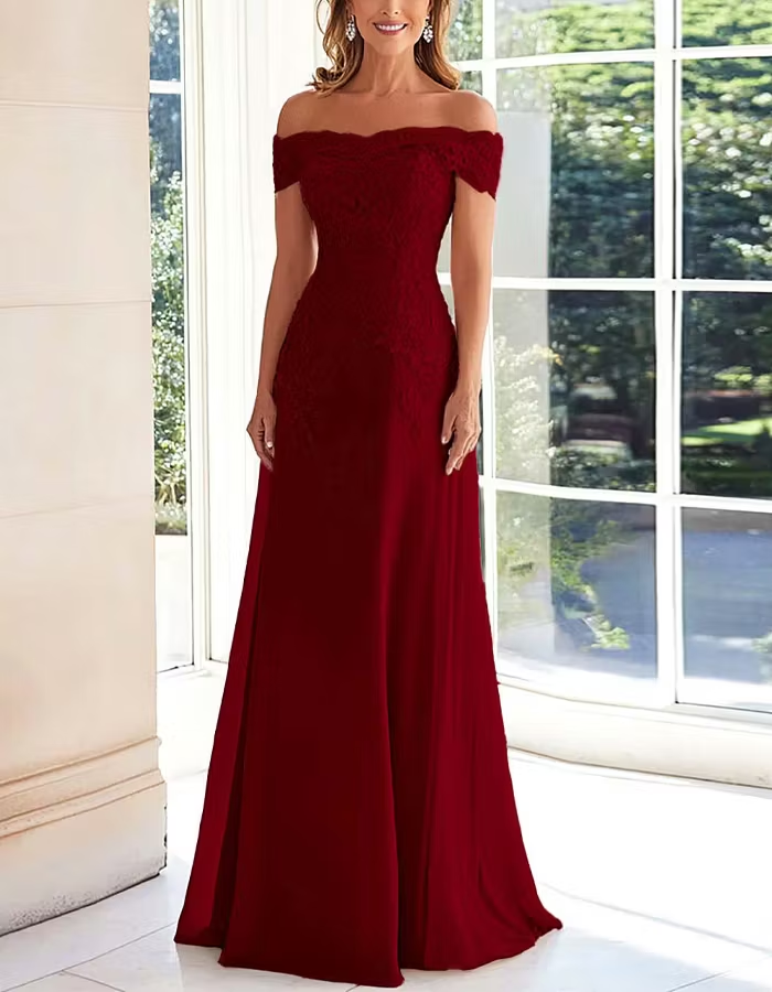 Solid Color Off Shoulder Lace Embroidered Full Maxi Dress