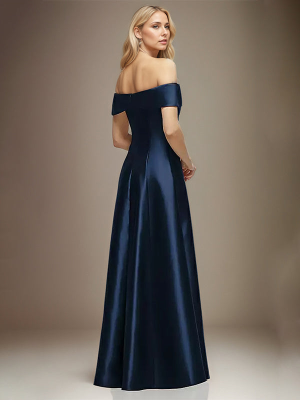 Navy Blue Satin A Line Off the Shoulder Floor Length Dress With Bow