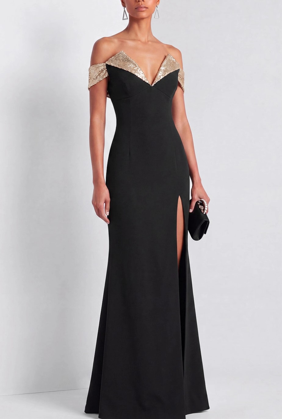 Champagne Sequin Off-Shoulder Mermaid Gown with Slit