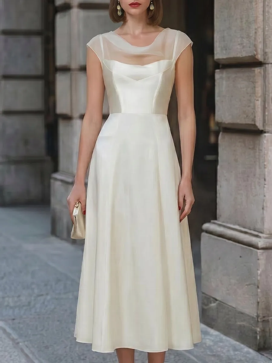 Sheer Bateau Neckline A-Line Midi Dress