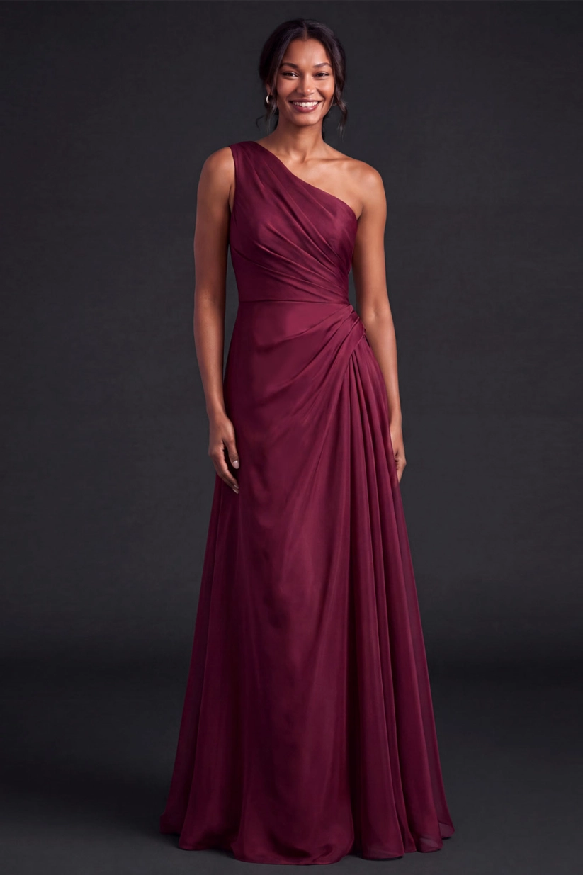 Burgundy One Shoulder Ruched Chiffon Maxi Dress