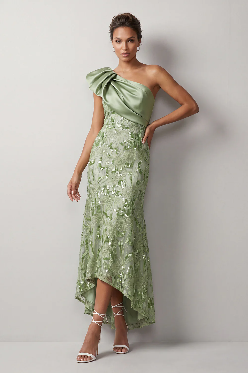 One Shoulder Bow Satin Bodice Sequin Floral High Low Midi Dress