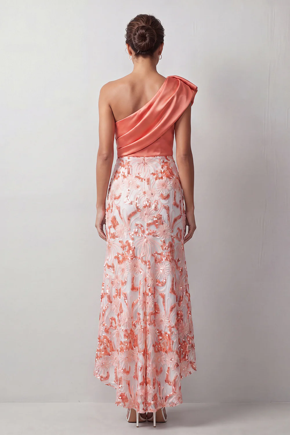 One Shoulder Bow Satin Bodice Sequin Floral High Low Midi Dress