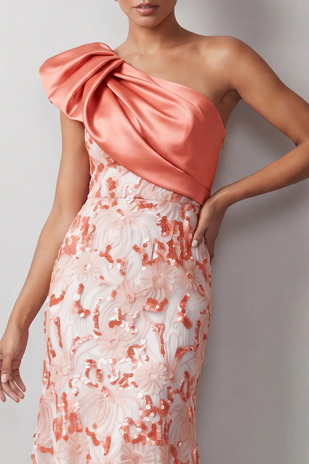 One Shoulder Bow Satin Bodice Sequin Floral High Low Midi Dress