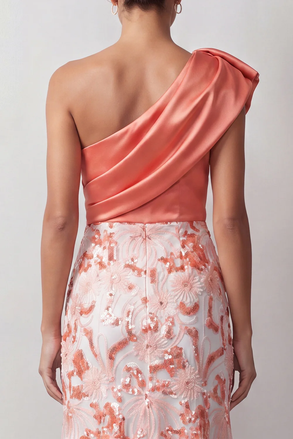 One Shoulder Bow Satin Bodice Sequin Floral High Low Midi Dress