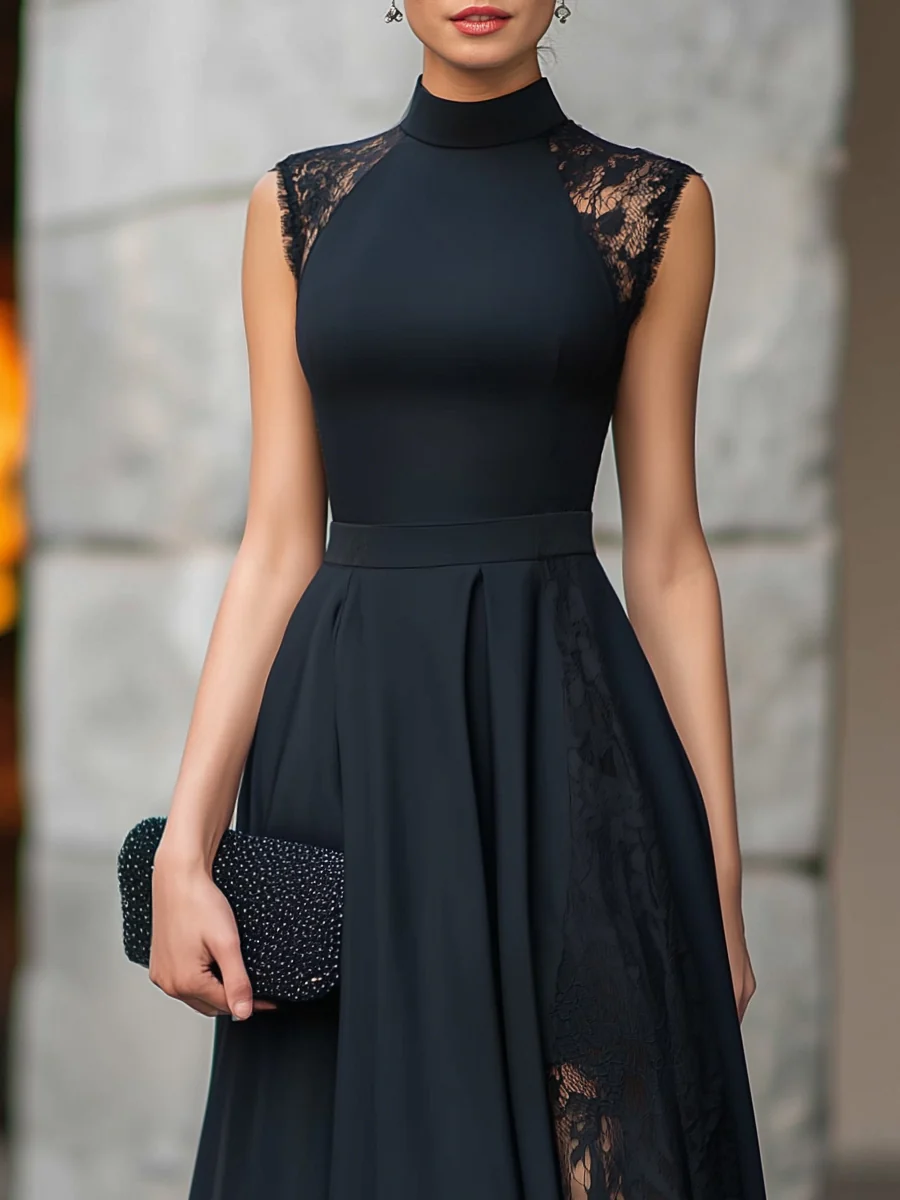 High Neck Lace Panel A-Line Maxi Dress