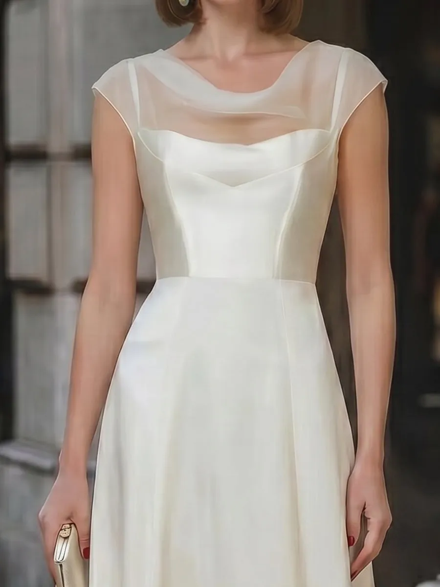 Sheer Bateau Neckline A-Line Midi Dress